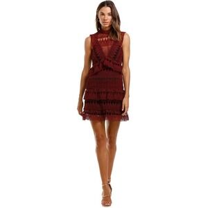 Self-Portrait Teardrop Guipure Lace Paneled Mini Dress Tiered Burgundy Red 2